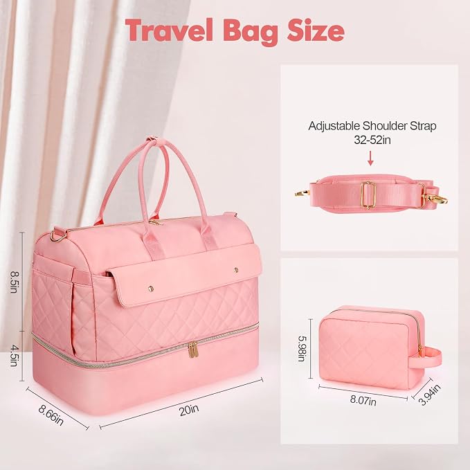 Travel Duffel Bag, Large Weekender Bag for Women with Shoe Compartment, Carry on Overnight Bag with Toiletry Makeup Bag, Gym Duffel Bag Travel Tote Bag for Travel Gym Camping Hospital, Pink - Image 3