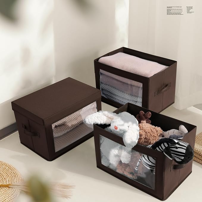 Stackable Storage Bins with Lids - Medium Storage Box with Lids, Foldable Closet Boxes for Organizing, Wardrobe Clothes Organizer with Window, Cubes Bins for Living Room, 5 Pack, Brown - Image 6