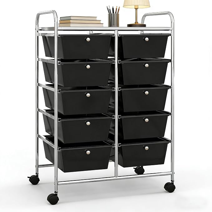 COSTWAY 10 Drawer Rolling Storage Cart, Utility Cart with Lockable Wheels | Mobile Art Supply Craft Organizer with Metal Frame, Multipurpose Drawer Cart for Paper for Office, School, Black by COSTWAY