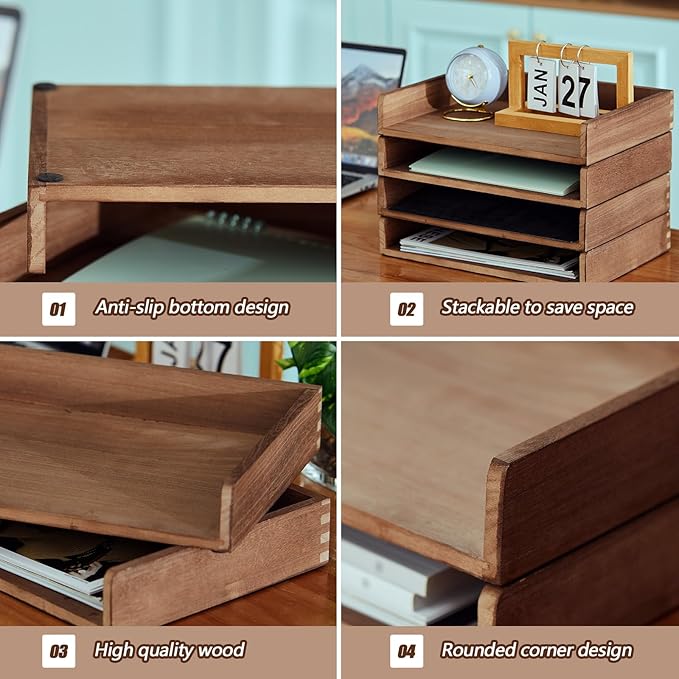 Yeaqee 4 Pcs Stackable Paper Organizer Tray Wood Desk Organizer Letter Tray Desktop Letter Size Office Wooden Desk Shelf Paper Holder Folder Organization Rack for Mail File Document(Dark Wood Color) - Image 4