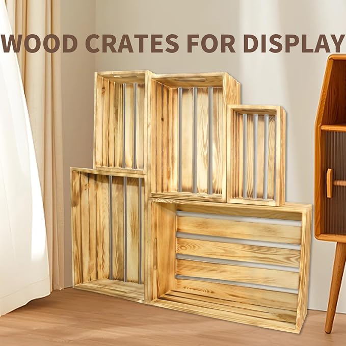 5 Pcs Wooden Crates for Display, Nesting Wood Crate for Storage, 5 Size | Farmhouse Weddings Wooden Basket for Storage Container and Decorations, Rustic Wood Crates for Farmers Market, Birthday, DIY - Image 5
