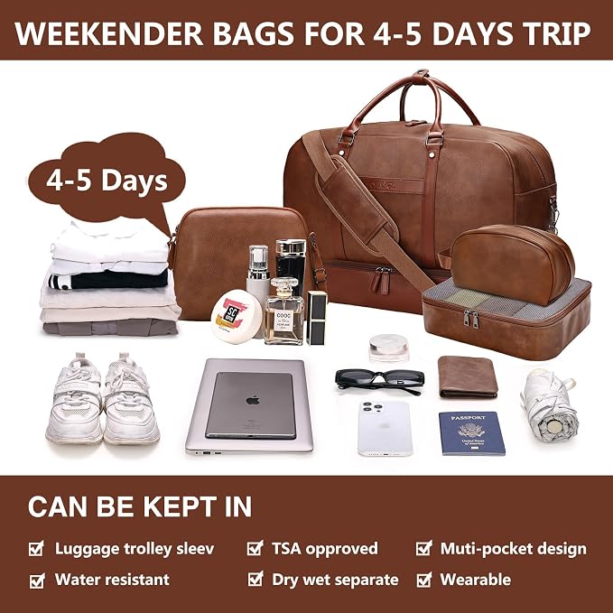 Large 4-in-1 Leather Duffle Bag for Travel Weekender Overnight Hospital Gym Bag for Men & Women, Carry On Airline Approved Personal Item Duffel Garment Bag Luggage with Shoe Compartment & Toiletry Bag - Image 2