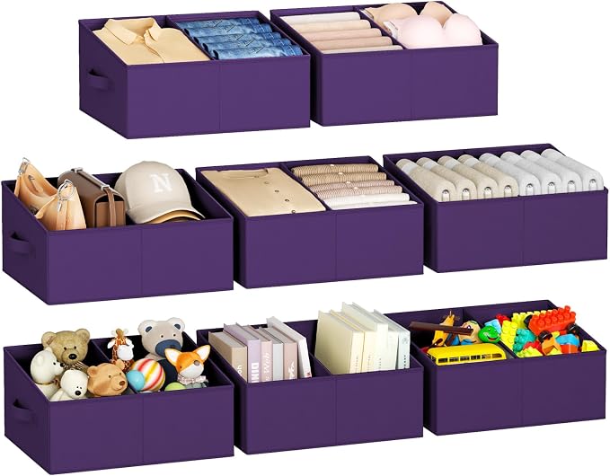 DIMJ Large Closet Shelf Organizer Bins 8 Packs with Handles and Divider, Fabric Trapezoid Storage Baskets, Foldable Clothes Containers Box for Shelf, Towel, Book, Toy, Purse, Hats, Purple by DiMJ