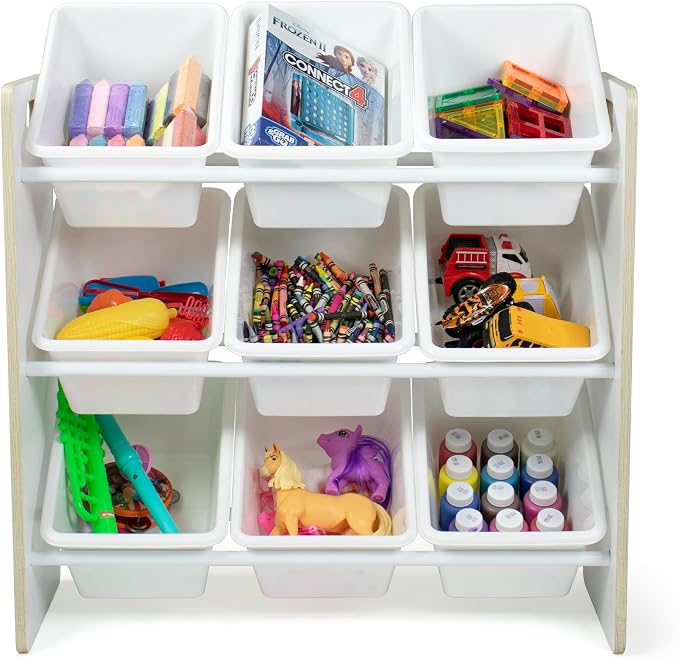 Humble Crew Kids Toy Organizer with 9 Bins, 3 Tier Storage for Playroom | Sturdy wood and steel toddler shelf, removable BPA-free containers, wall anchor anti-tip safety kit for bedroom or classroom - Image 3