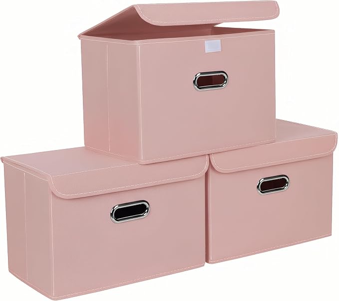 STOREONE Fabric Storage Cube Bins Foldable Organizer Container Collapsible Basket with Lids and Metal Handles, for Home, Bedroom, Closet 3 Pcs (multicolour-pink) by STOREONE