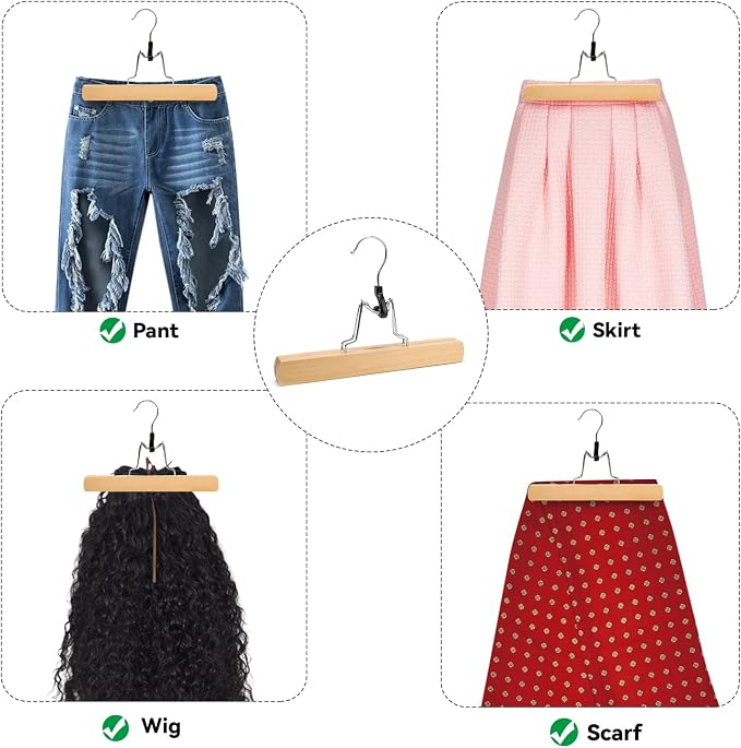 Nature Smile Wooden Pants Skirt Hangers, Smooth Finish Solid Wood Non Slip Jeans Slack Clamp Hangers Hair Extension Hangers(20Pcs Natural)… - Image 5