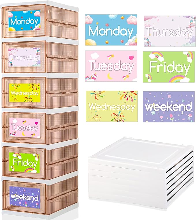 6 Shelf Daily Weekly Clothes Organizer for Kids Foldable Weekly Hanging Closet Organizer with Door Plastic Closet Storage for Boys and Girls Monday Through Friday Essential Stuff（Light Brown） by Hlimior