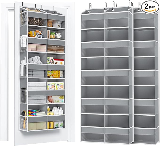 2 Pack 5-Tier Over The Door Organizer with 10 Side Mesh Pockets & Clear Windows, 80 lbs Weight Capacity Hanging Storage for Bathroom, Bedroom, Nursery, Kitchen, Organize Shoes, Diapers(Grey) by PureSpace
