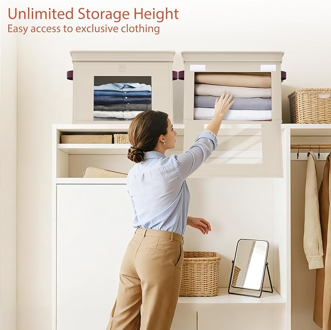 Univivi Front Opening Storage Bins with Lids for Closet, Beige, 4 Pack | Foldable Fabric Storage Cubes, Large Closet Organizers and Storage with Clear Window & Handles for Clothes Storage - Image 2
