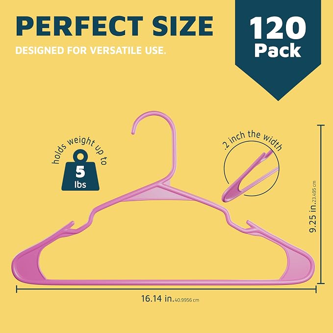 Lifemaster Plastic Clothes Hangers – Heavy Duty Hanger Set, for Organizing Clothes, Dresses, and Coat, Holds Up to 5 lbs, Space-Saving Hangers with Non-Slip Shoulder Grooves, Pack of 120, Pink - Image 2