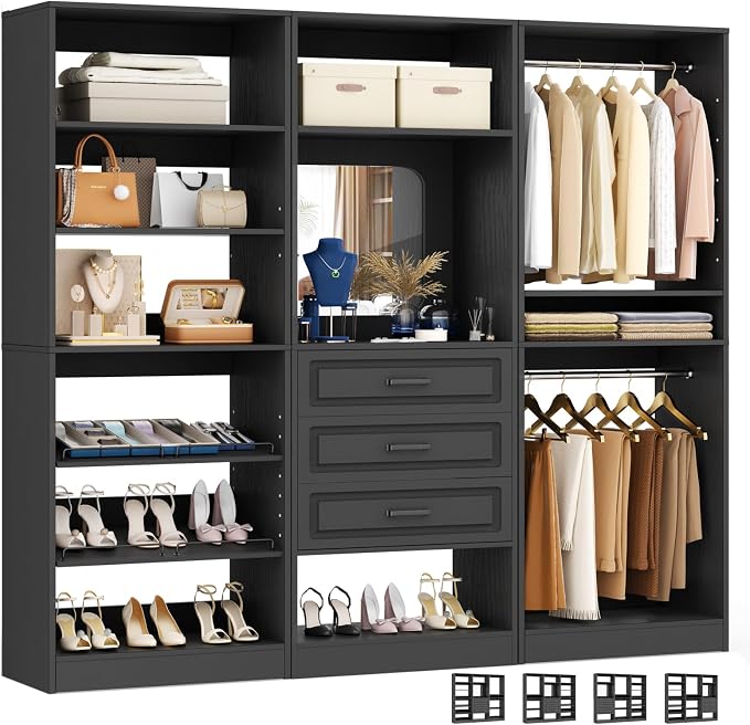 Unikito 75" Modular Closet System with 3 Sets, Mirror & Drawers, Black | Hanging Rods & Adjustable Shelves, Freestanding Wood Wardrobe Garment Rack, Walk in Tower Clothes Storage Organizer Unit by Unikito