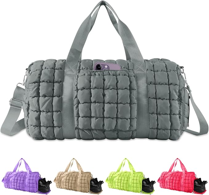 Quilted Travel Duffle Bag Gym Bag for Women,Large Puffer Duffle Weekender Bag with Compartment,Workout Overnight Carry on Organizer Bag Duffle Bag for Airplane Travel(Grey) by XSUIOY
