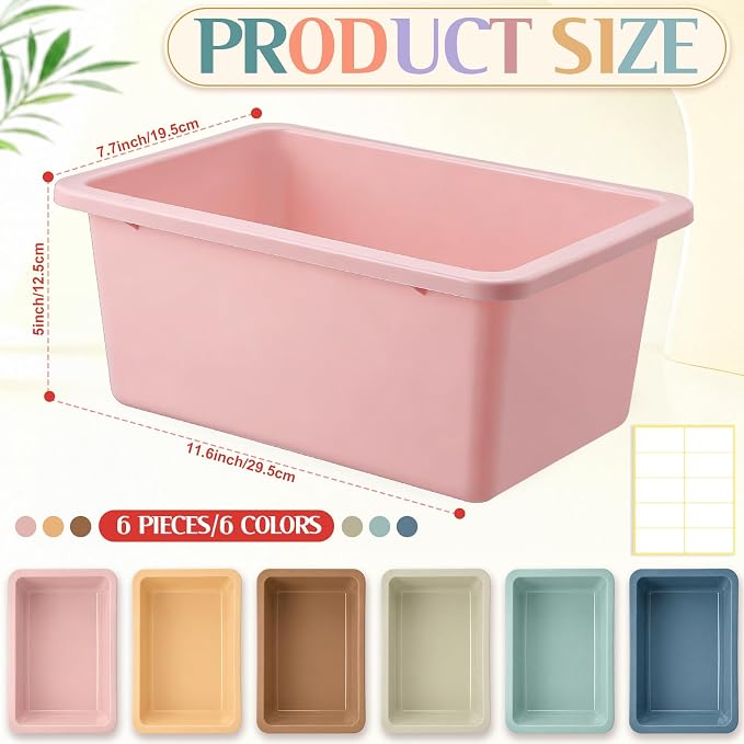 Thyle 6 Pieces Plastic Cubby Bins with Labels Classroom Book Bins Stackable Storage Container Durable Toy Storage Organizer Baskets for School Classroom Office (Classic,Morandi Color1) - Image 2