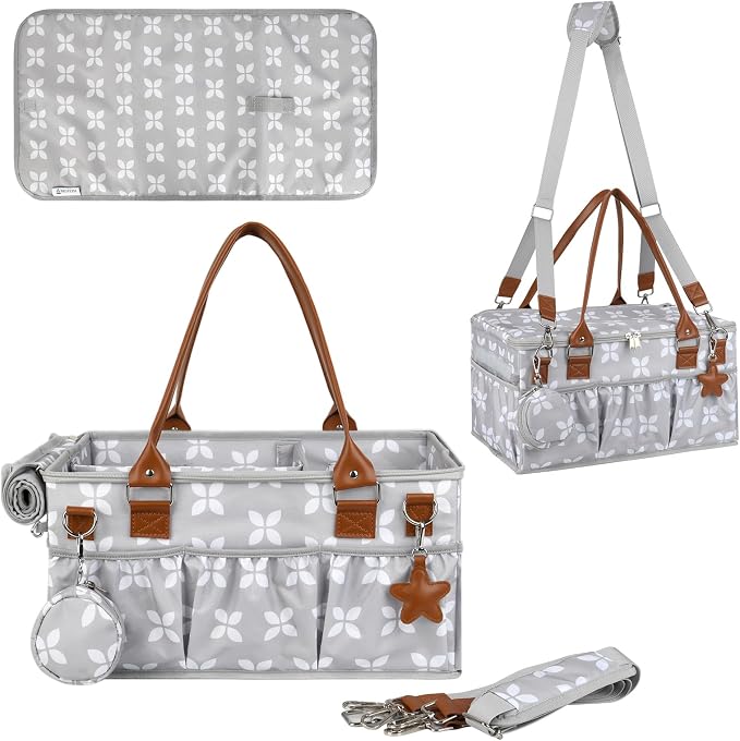 Diaper Caddy with Changing Mat, Large Baby Diaper Caddy Organizer with Lid, Portable Organizer Basket for Nursery and Car, Shoulder Strap and Pacifier Organizer by MOTEPH