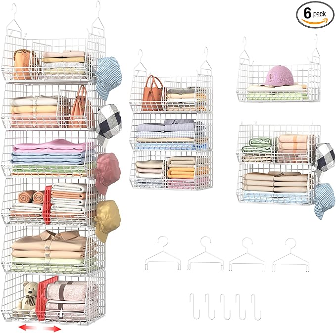 6 Tier Extra Large Hanging Closet Organizer, Closet Storage Hanging with Dividers, Wire Closet Shelf with 5 S Hooks 4 Dividers,Sweater Handbag Hat Accessory Storage Hanger,White by Jautokerdar