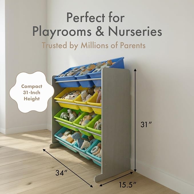 Humble Crew Kids Toy Organizer with 12 Bins, 4 Tier Storage for Playroom | Sturdy wood and steel toddler shelf, removable BPA-free containers, wall anchor anti-tip safety kit for bedroom or classroom - Image 6