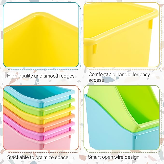 Geetery 24 Pcs Book Bin for Classroom with Labels Stackable Plastic Organizing Bins 11.5 x 5.4 x 7.5 in Book Holders Storage Bins Box Baskets for Classroom Library Home (Pastel Color) - Image 5