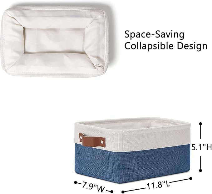DULLEMELO Set of 6 Small Baskets for Organizing, Small Fabric Storage Bins for Toys Storage, Collapsible Storage Bins with Leather Handles for Shelves, Closets, Laundry, Nursery(White&Blue) - Image 2