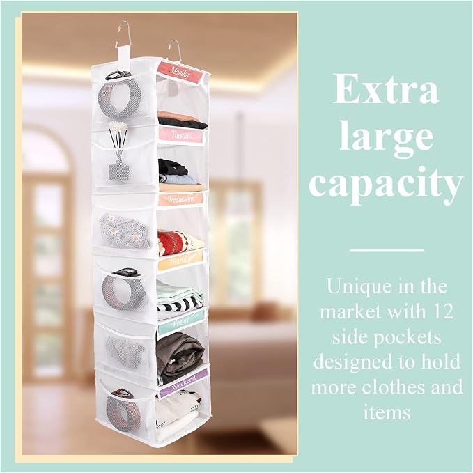2 Pack 6 Shelf Weekly Clothes Organizer for Kids with Side Pocket, 47 Inch Days of the Week Clothes Organizer, Monday to Friday Daily School Outfits Clothing Divider for Kids(White) - Image 5