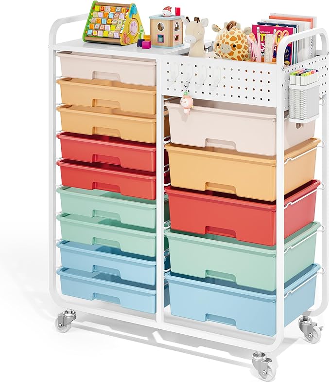 14 Drawer Rolling Storage Cart with Tabletop and Pegboard for Craft Color | Easy Setup, Large Capacity, Sturdy Build, Smooth Mobility, For classroom, office and dorm supplies by APEXCHASER