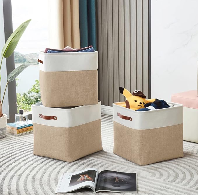 DECOMOMO Cube Storage Bin 12x12, Fabric Storage Bins | 4 Pack, Storage Baskets for Shelves, Kallax Storage Cubes (Beige & White) - Image 8