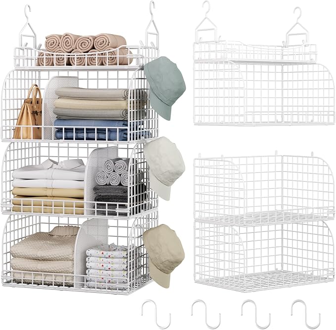 HapiRm Hanging Closet Organizer Storage - 3 Tier Metal Stackable Hanging Closet Shelves with Dividers and S Hooks, Foldable Clothes Shelves for Clothes, Pants, Shoes, Coat, Hats Clutches Accessories by HapiRm