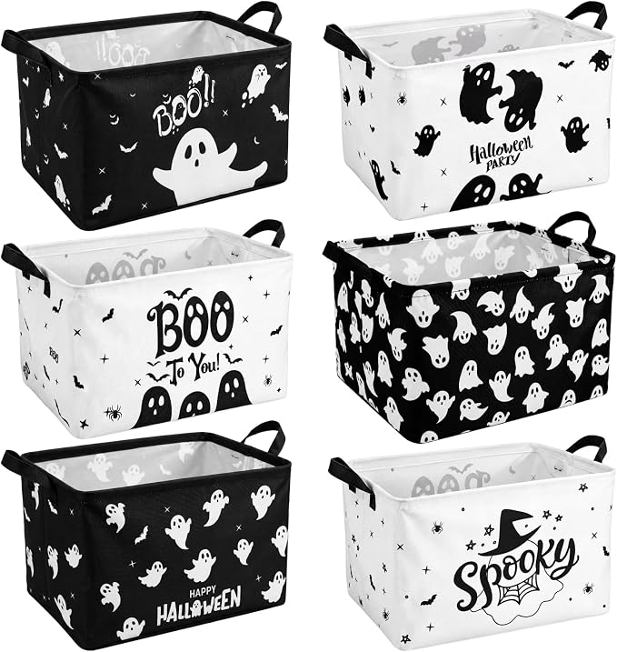 CHENGU 6 Pack Halloween Storage Basket Ghost Gift Basket for Holiday Decor Collapsible Shelf Baskets Cube with Handle for Home Office Bedroom Dorm Closet Shelf by CHENGU
