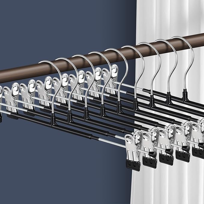 16 Inch Pants Hangers with Clips Skirt Hangers 10 Pack, Black | Non-Slip,Adjustable metal clips,Space-Saving,Heavy duty, for pants/skirt/dress/trousers/jeans/shorts/Clothes,Women,men by HWAJANClothesOrganizer