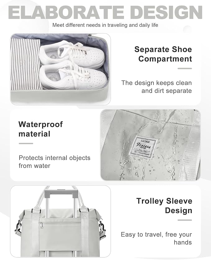 Travel Duffel Weekender Bag Women Tote Carry On Bags With Shoe Compartment | 18x14x8 inches Travel Overnight Bags with Trolley Sleeve for Airplanes Sport Tote Gym for Men Lightweight Daypack Grey. - Image 5