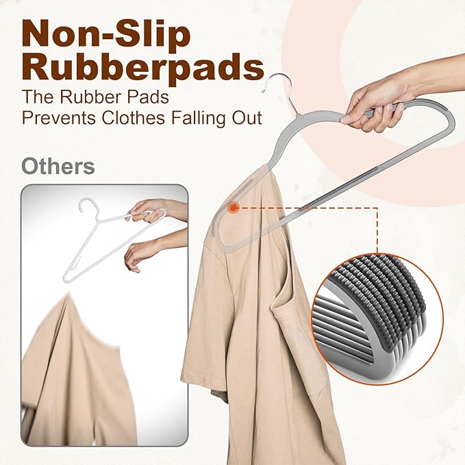 HOUSE DAY Non Slip Plastic Clothes Hangers 60 Pack with Rubber Pads, Grey | Space-Saving 0.2-Inch Slim Design; Heavy-Duty and 360° Swivel Hooks Keep Shirts, Coats, Suit, Blouse and Pants Organized - Image 4