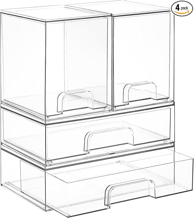 Vtopmart Clear Stackable Storage Drawers Set of 4, Baby Bottle Organizer | Plastic Organizer Bins for Makeup, Cosmetics, Beauty Supplies,Ideal for Vanity, Bathroom,Cabinet,Pantry Organization by Vtopmart