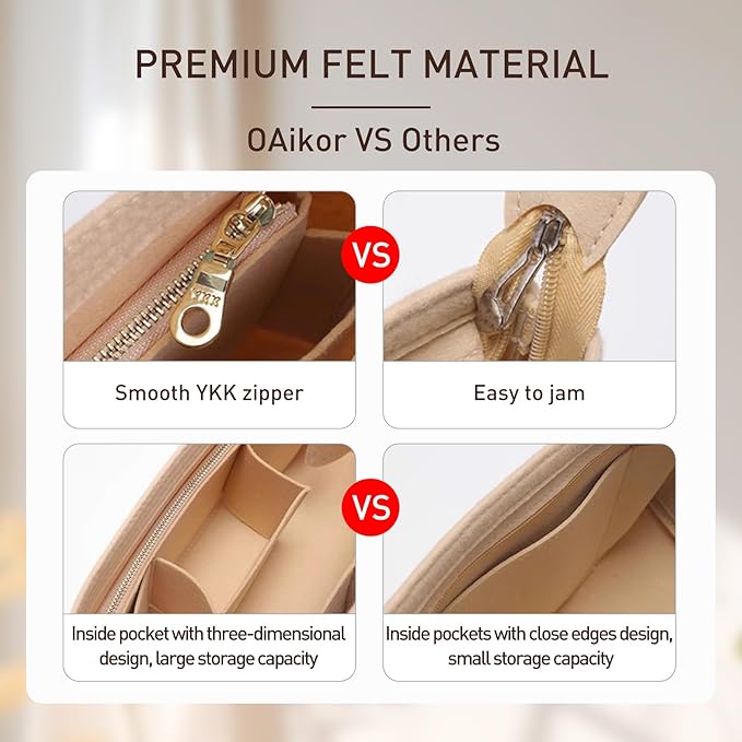 Tote Bag Organizer Insert with Base Shaper, Felt Neverfull MM Organizer, Purse Organizer Insert with Zipper Pocket and Bottle Holder, Fits Speedy 30 Neverfull MM Tote Handbags and More,Beige-L - Image 6