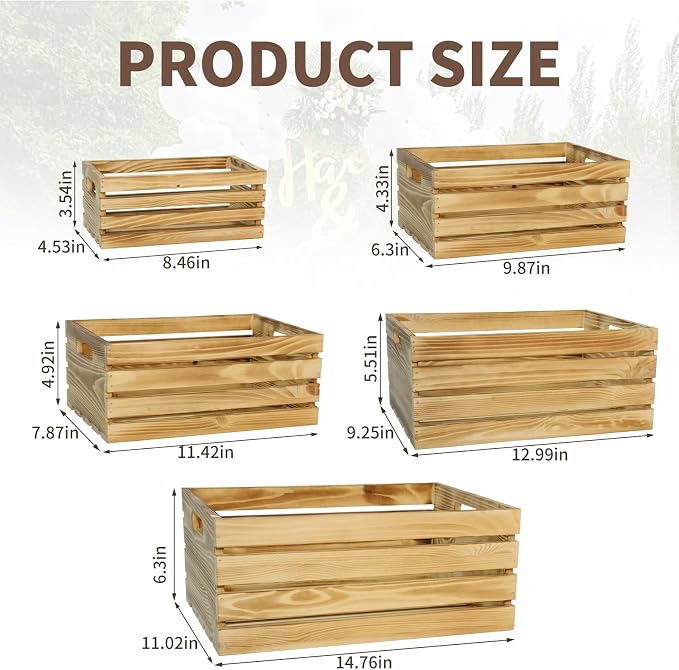 5 Pcs Wooden Crates for Display, Nesting Wood Crate for Storage, 5 Size | Farmhouse Weddings Wooden Basket for Storage Container and Decorations, Rustic Wood Crates for Farmers Market, Birthday, DIY - Image 3