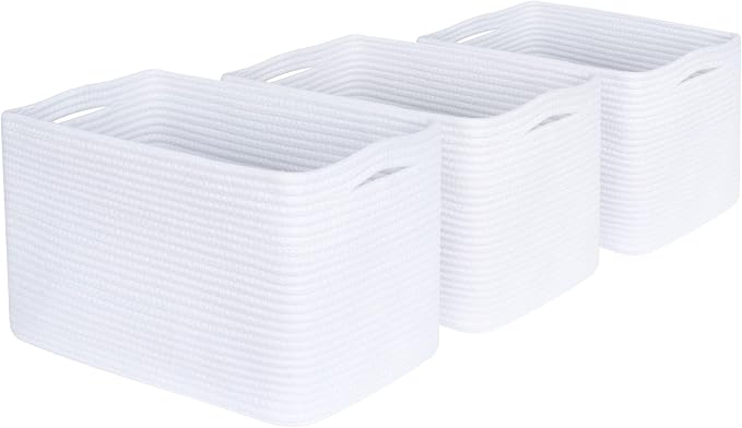 3-Pack Decorative Woven Storage Baskets for Shelves, Cube Bin Box for Organizing Books, Shoes, Dog Toys, Pantry Closet and Living Room Organizer, Full White - Image 9