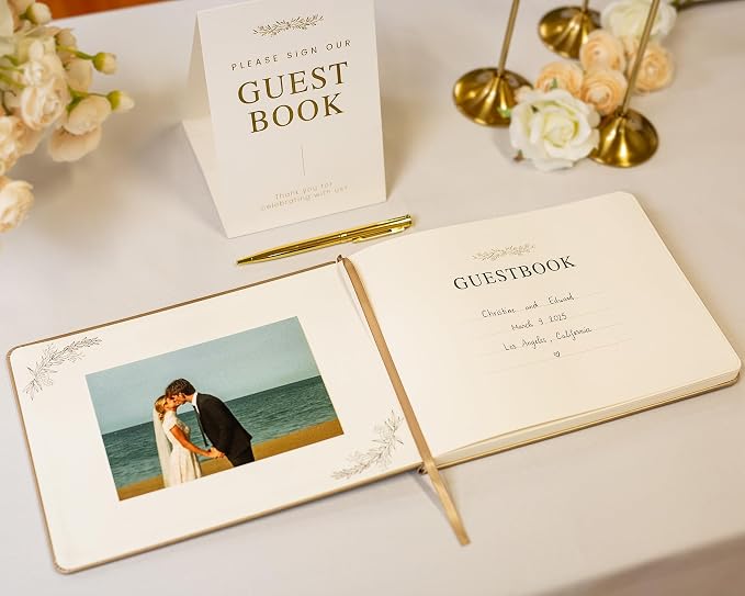 Floral Embossed Wedding Guest Book Set - 9 x 7.5 Hardcover Guestbook for Wedding Reception Sign in, Messages, Bridal Shower Engagement Party (Champagne Gold) - Image 7