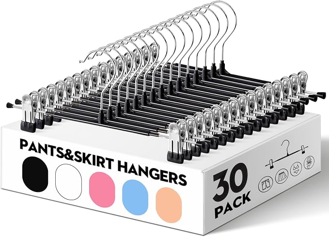 HUADYMEET 14 Inch Heavy Duty Pants Skirt Hangers with Clips,Black,30 Pack | Metal,Space Saving,Adjustable,Hanger for Jeans Shorts Clothes Slacks Trousers,For Adult Men Women Children, Non Slip by HUADYMEET