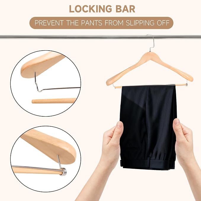 Wide Shoulder Wooden Hangers with Locking Bar, Natural Wood, 12-Pack | Non-Slip Suit Hangers with Flat-Head Hook for Suits, Jackets, Coats, Shirts, Outerwear and Heavy Clothes - Image 5