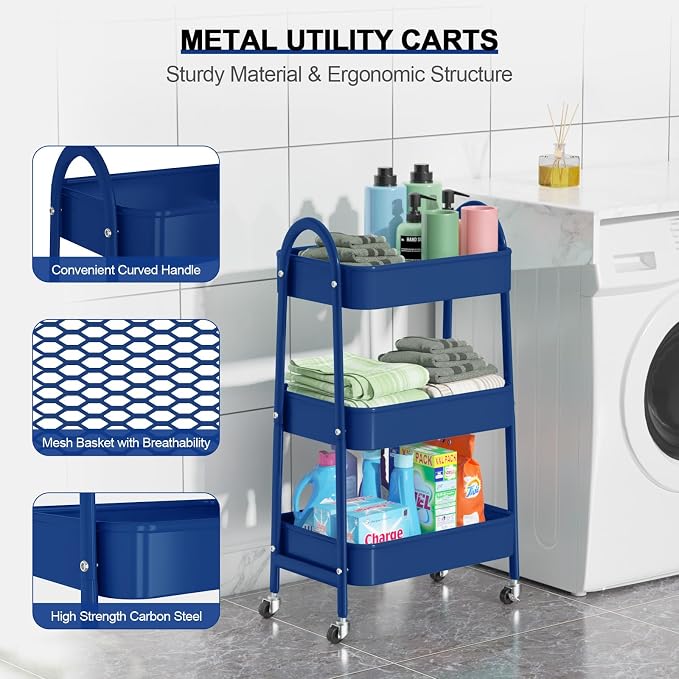 3 Tier Utility Rolling Cart, Metal Storage Cart with Handle and Lockable Wheels, Multifunctional Storage Organizer Trolley with Mesh Baskets for Kitchen, Living Room, Office, Garage (Indigo) - Image 2