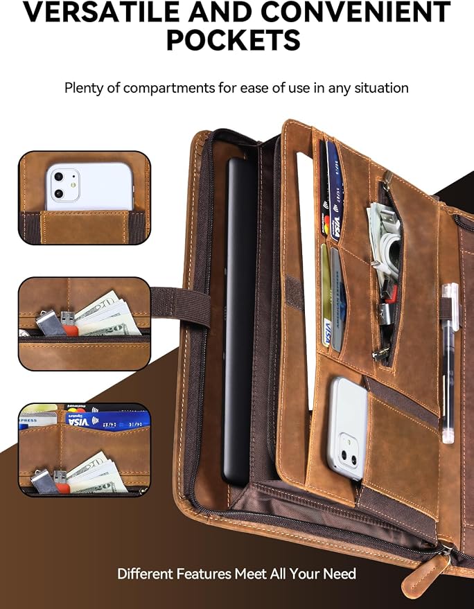 Genuine Leather Portfolio, Professional Padfolio Binder Organizer with Zipper, Stylish Brown Cowhide Padfolio for Men Women, Leather Folio Folder for Business, Legal A4/Pad Holder Compatible - Image 5