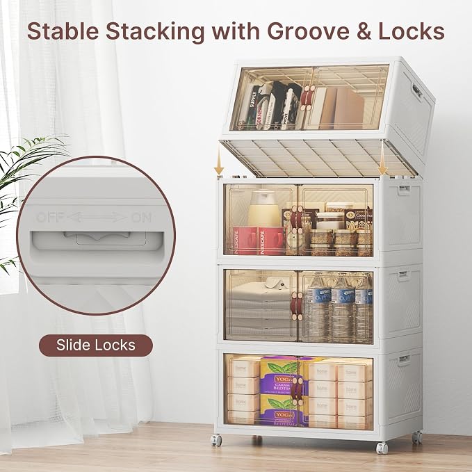 Stackable Storage Bins with Lids, 384QT Lockable Storage Cabinet | Folding Storage Box with Doors and Wheels, Collapsible Plastic Drawers for Home, Garage, Office - Image 4