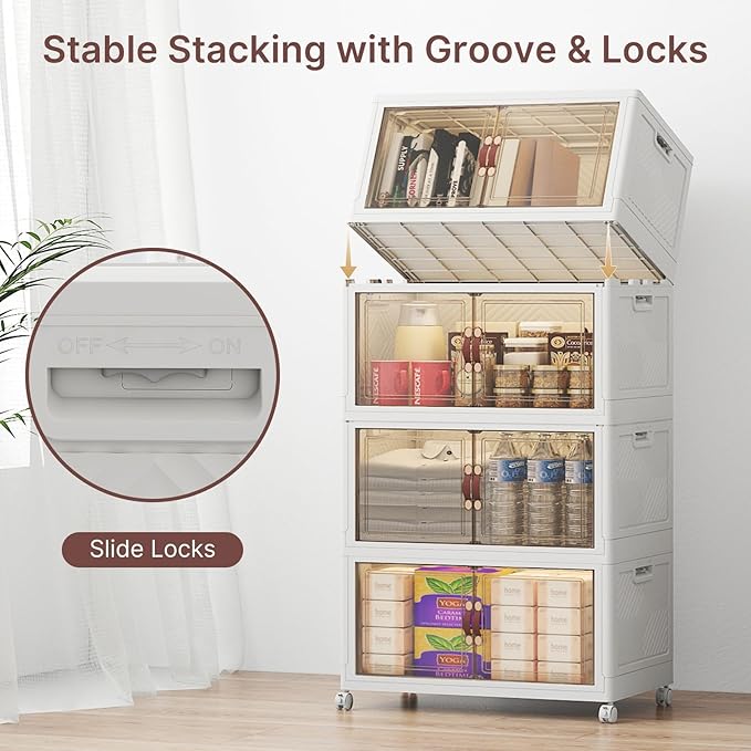 Stackable Storage Bins with Lids, 192QT Lockable Storage Cabinet | Folding Storage Box with Doors and Wheels, Collapsible Plastic Drawers for Home, Garage, Office - Image 4