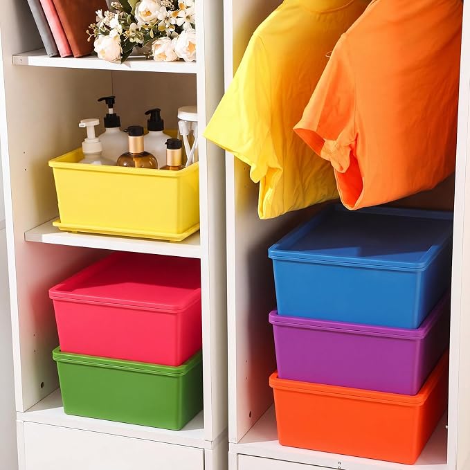 6 Pcs Large Plastic Storage Bins with Lids, Colorful | 14.4 x 10.4 x 5.1 Inch, Stackable Storage Containers, Decorative Cubby Organizer for Clothes Shelves Garage Closet Office - Image 4