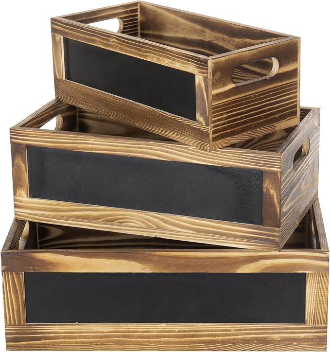 MyGift Rustic Burnt Wood Nesting Storage Bins with Chalkboard Panel and Cutout Handles, Decorative Farmhouse Wooden Stackable Open Top Boxes, 3 Piece Set - Image 2