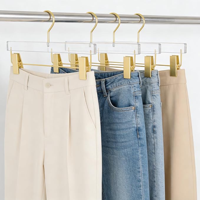 Acrylic Hangers,Clear Hangers with Gold Hooks,Luxurious Skirt Pants Hangers Gold Clips for Clothing Closet Storage 10 pcs - Image 2