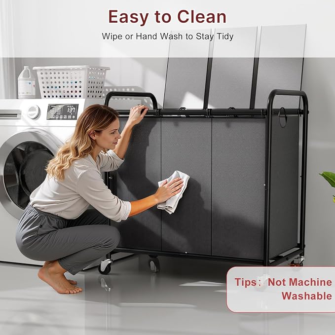 180L Laundry Sorter 3 Section with Lockable Wheels and Lid Grey | 3 Large Separate Removable Bags | Heavy Duty Rolling Laundry Basket | Laundry Hamper Cart for Laundry Room Organizer - Image 8