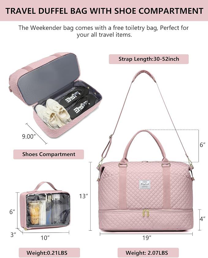 Weekender Duffle Bags for Women - Travel Duffel with Shoe Compartment, Carry On Overnight Bag, Gym Tote with Wet Pocket, Pink - Image 3