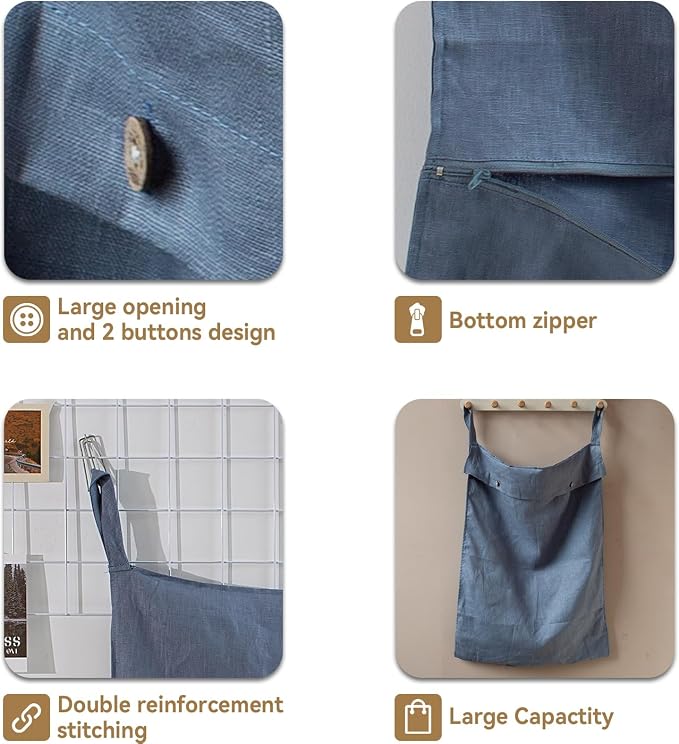 100% Linen Hanging Laundry Hamper Bag 20x27Inch, Over the Door with 2 Buttons and Bottom Zipper Saving Space Wall Back organizers For Dirty Clothes Dorm Travel College Camp Sock Large Capacity,Blue - Image 4