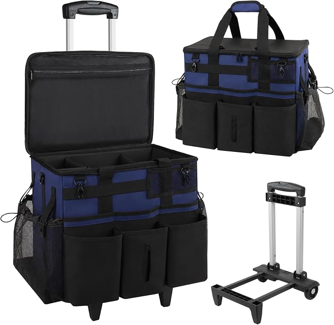 SCAVATA Rolling Cleaning Caddy Bag with Detachable Trolley, Large Cleaning Supplies Organizer with Wheels, Multi-Pocket Cleaning Cart with Adjustable Shoulder Strap for Housekeepers (NavyBlue) by Tidyyourlife