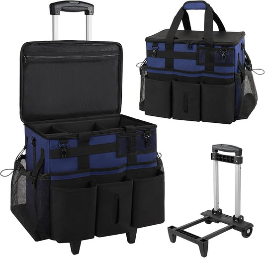 SCAVATA Rolling Cleaning Caddy Bag with Detachable Trolley, Large Cleaning Supplies Organizer with Wheels, Multi-Pocket Cleaning Cart with Adjustable Shoulder Strap for Housekeepers (NavyBlue) by Tidyyourlife