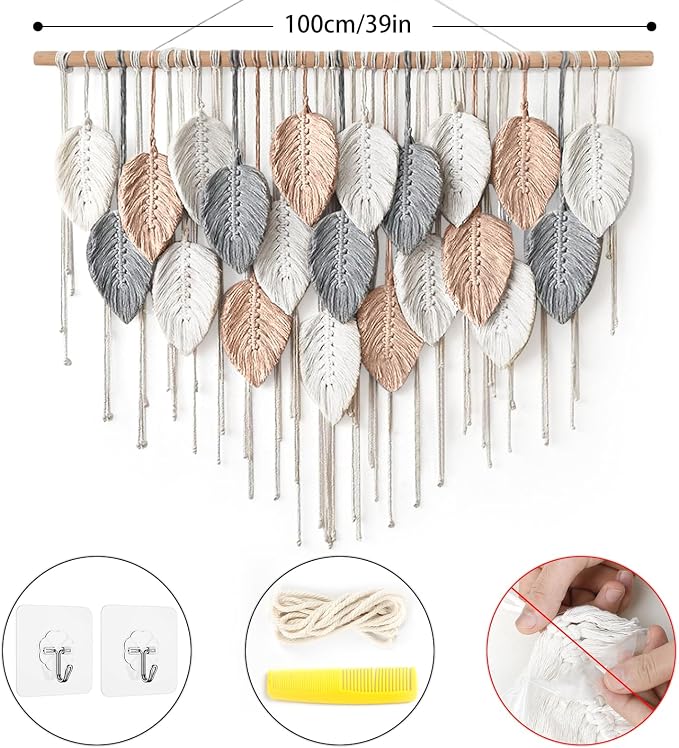 Alynsehom Large Macrame Wall Hanging, Boho Woven Tapestry, Chic Modern Bohemian Handmade Leaf Feather Wall Art Home Decor for Apartment Dorm Living Room Bedroom Nursery Backdrop (39" W X 29.5" L) - Image 3